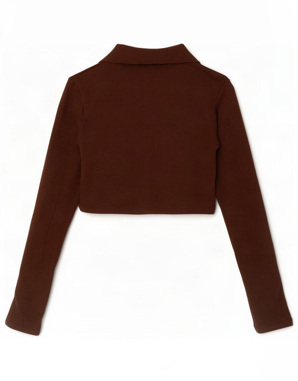 Polo corta a maniche lunghe da donna Zara UK 8 piccola in cotone marrone