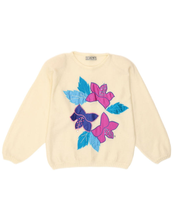 Maglione maglione girocollo da donna vintage taglia unica in acrilico floreale bianco sporco