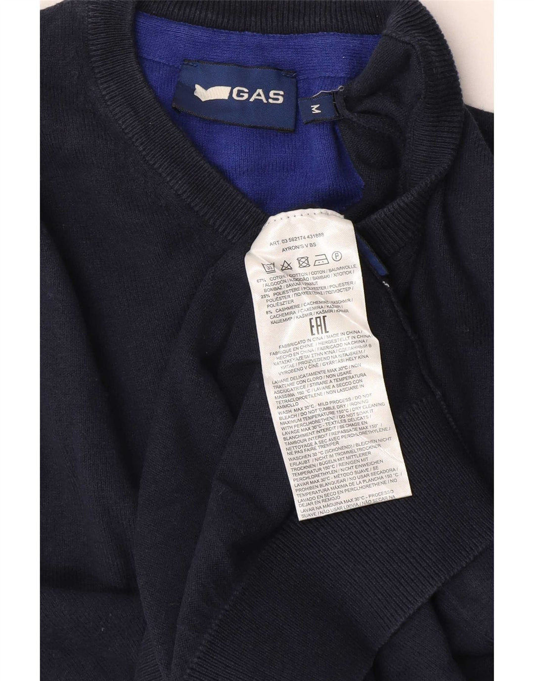 Maglione da uomo con scollo a V Gas, cotone medio blu navy