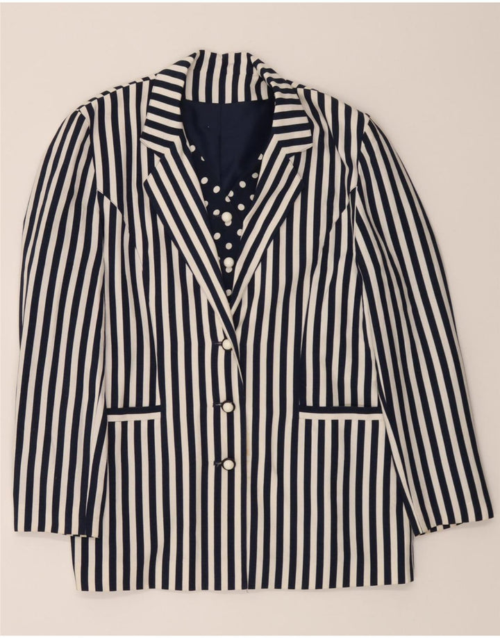 VINTAGE Womens 3 Button Blazer Jacket UK 14 Medium Navy Blue Striped Vintage Vintage and Second-Hand Vintage from Messina Hembry 