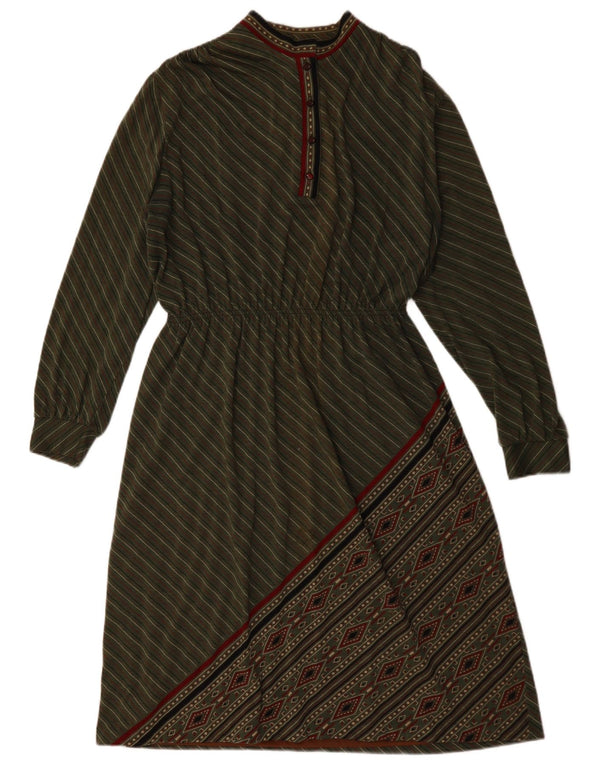 Abito a trapezio a maniche lunghe da donna vintage UK 18 XL Lana a righe kaki