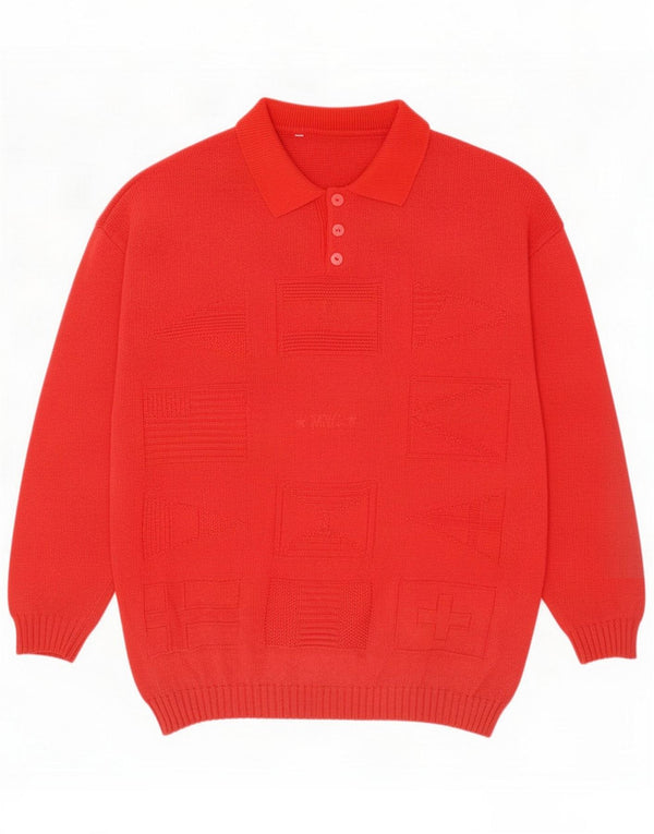 Maglione vintage da uomo con collo a polo rosso medio geometrico