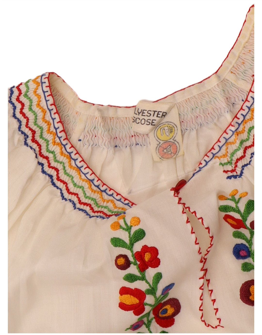 Top camicetta corta da donna VINTAGE UK 16 grande poliestere floreale bianco