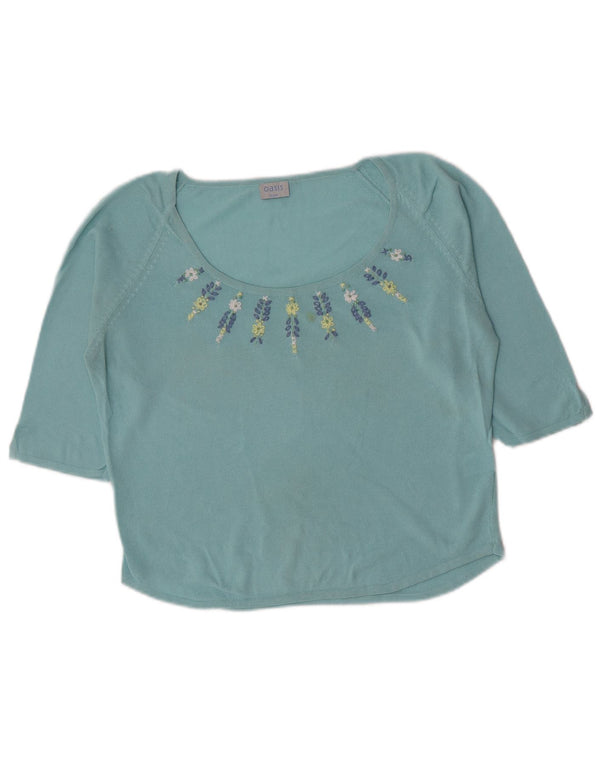 Top corto da donna Oasis manica 3/4 UK 16 grande cotone floreale blu