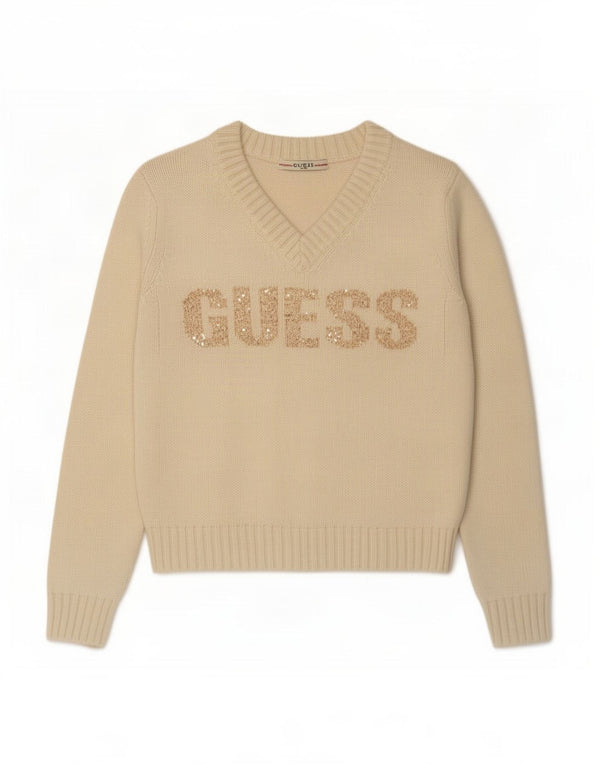 Maglione da donna con scollo a V grafico corto Guess UK 10 piccolo bianco sporco