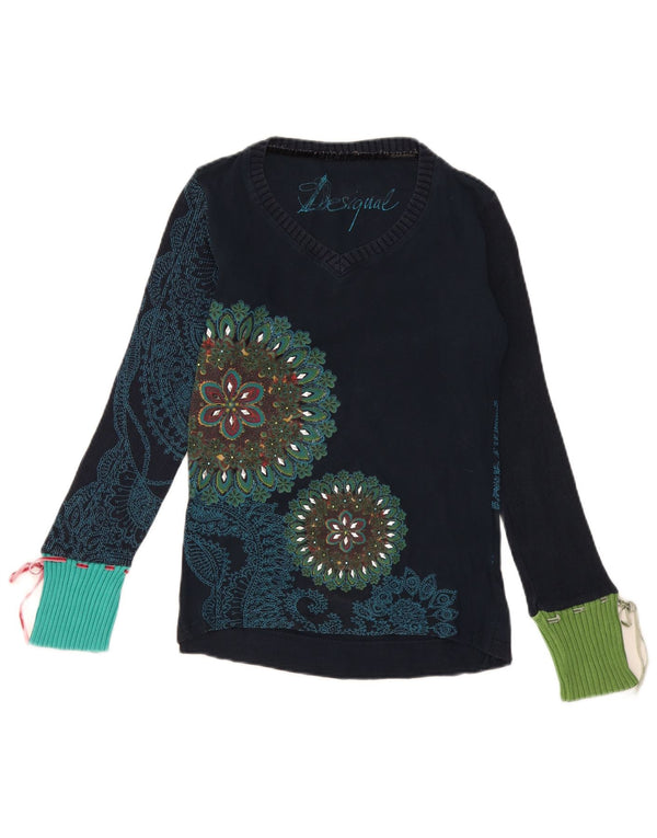 Desigual maglione da donna con scollo a V UK 12 cotone floreale medio blu navy