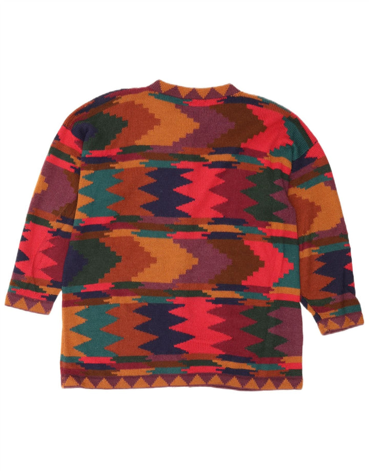 Maglione cardigan da donna vintage UK 14 medio multicolore geometrico