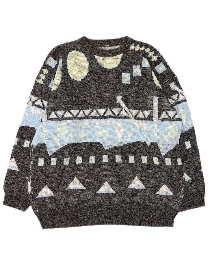 Maglione maglione girocollo da uomo vintage grande grigio geometrico