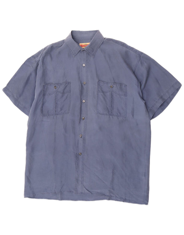 Camicia vintage da uomo a maniche corte grande classica in seta blu