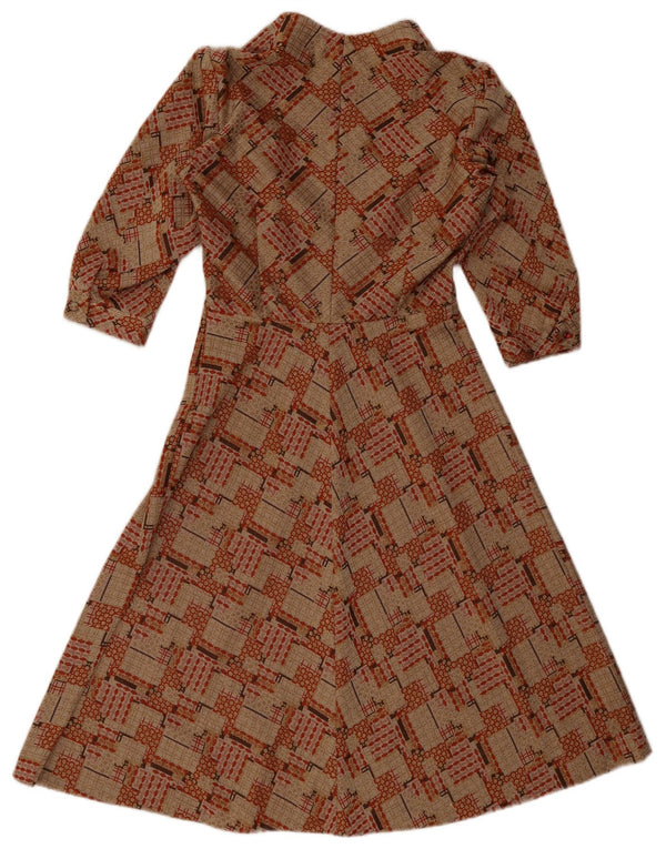 Abito vintage da donna a linea A con maniche a 3/4 UK 10 Piccolo marrone geometrico