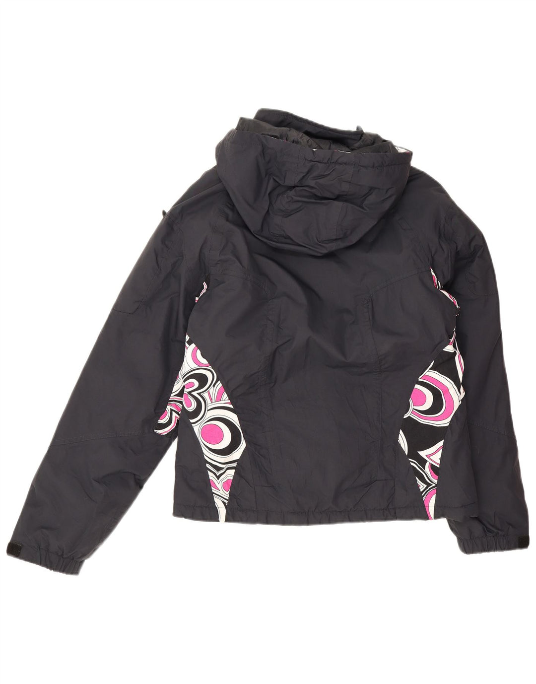 Giacca da sci con cappuccio da donna vintage UK 16 grande poliammide geometrica blu navy