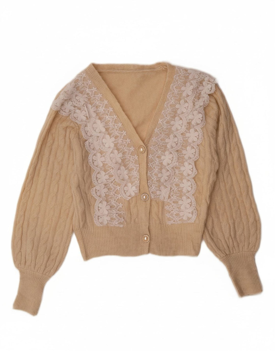 VINTAGE Womens Cardigan Sweater UK 12 Medium Beige Floral Polyester