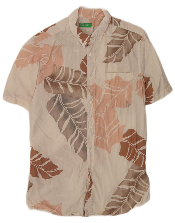 Camicia a maniche corte da uomo Benetton in cotone floreale bianco medio
