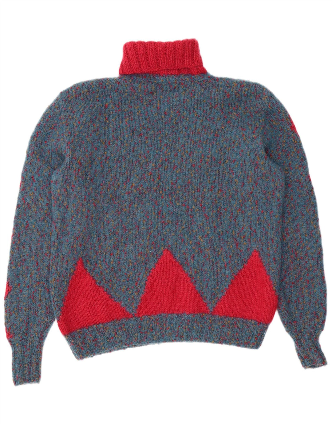 Maglione maglione vintage da donna con collo alto UK 14 grande blu geometrico