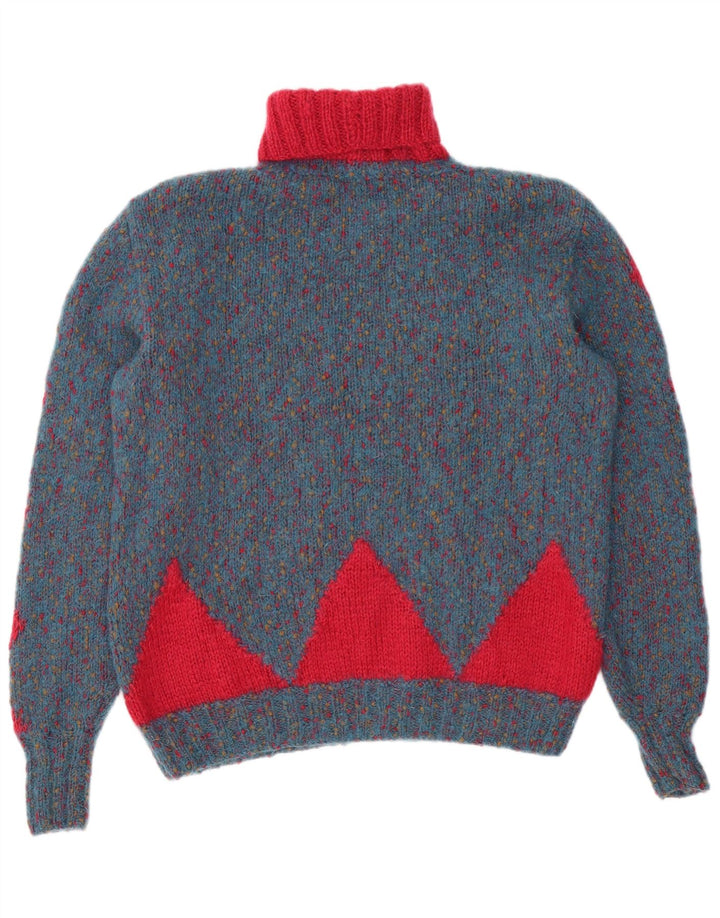 Maglione maglione vintage da donna con collo alto UK 14 grande blu geometrico