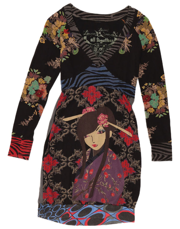 Desigual Abito tubino a maniche lunghe da donna UK 10 Piccolo cotone floreale nero