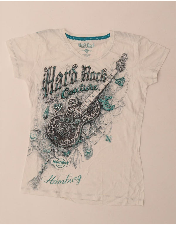 T-shirt grafica da donna di Amburgo Hard Rock Cafe, UK 12, cotone bianco medio