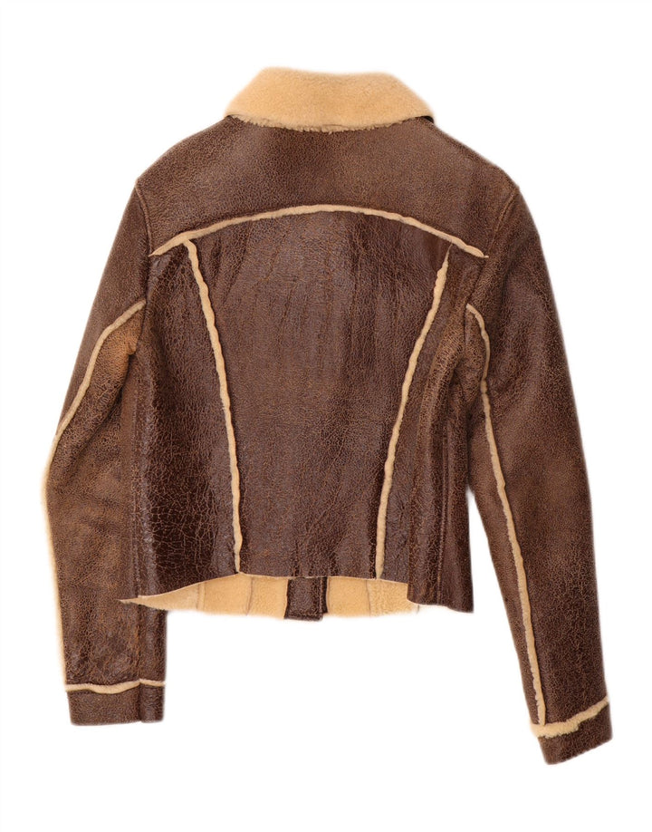 Giacca in shearling corta da donna vintage UK 14 Shearling marrone grande