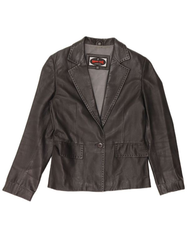 Giacca blazer in pelle da donna vintage a 1 bottone UK 12 pelle nera media