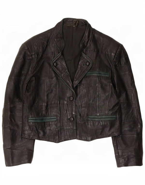 Giacca blazer in pelle vintage da donna a 2 bottoni UK 10 piccola nera