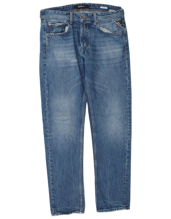 Replay Mens Grover Distressed Slim Jeans W31 L32 Blue Cotton