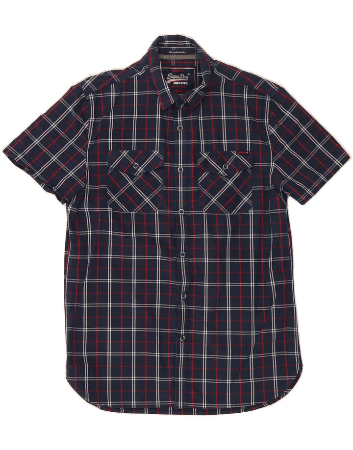 SUPERDRY Mens Short Sleeve Shirt Large Navy Blue Check Cotton Vintage Superdry and Second-Hand Superdry from Messina Hembry 