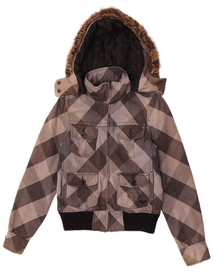 Giubbotto bomber con cappuccio da donna Roxy UK 10 piccolo cotone a quadri grigio