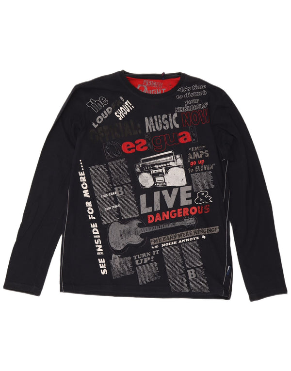 Desigual Uomo Graphic Top Manica Lunga XL Blu Navy
