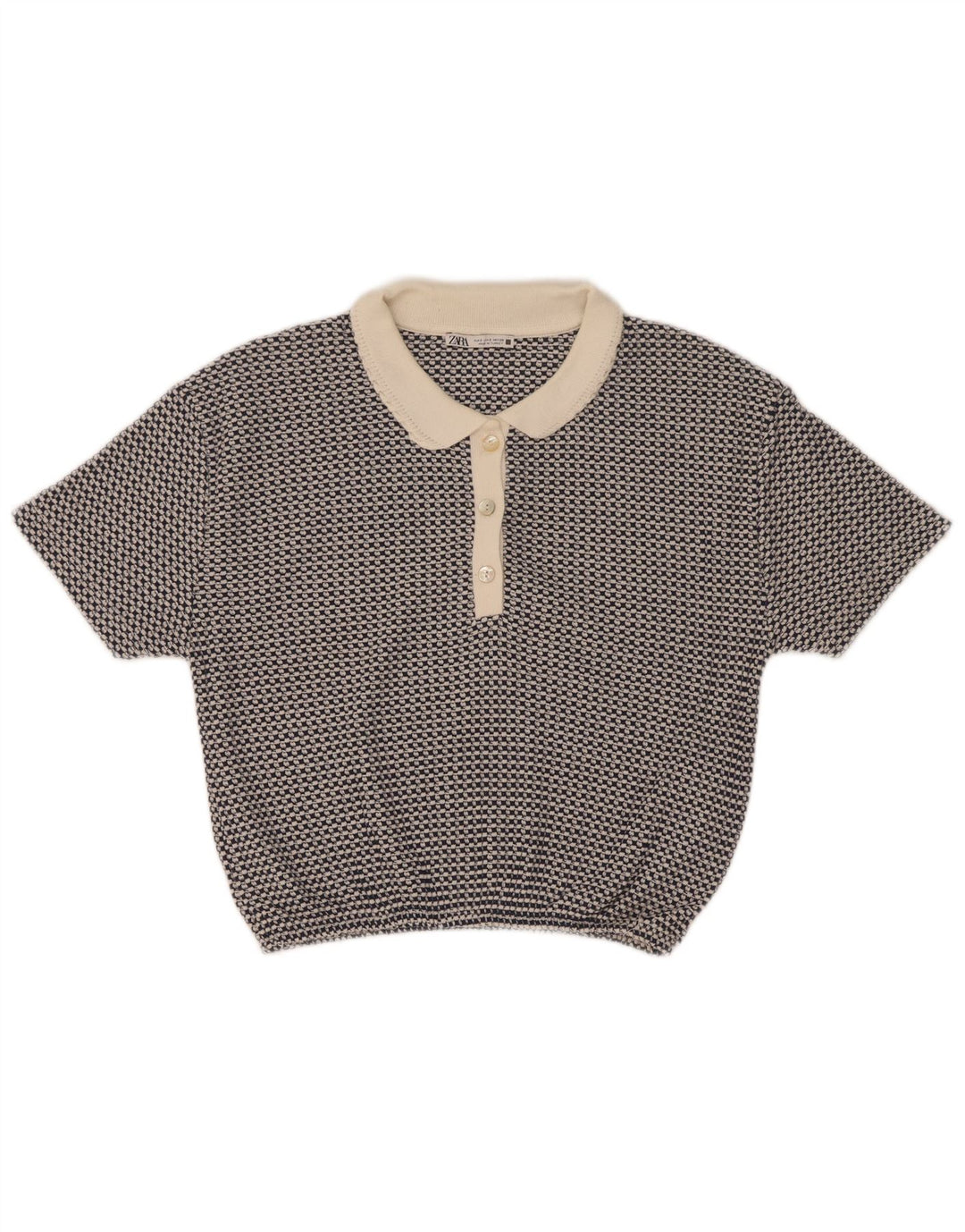 Polo corta da donna Zara UK 10 piccola blu geometrica in poliestere