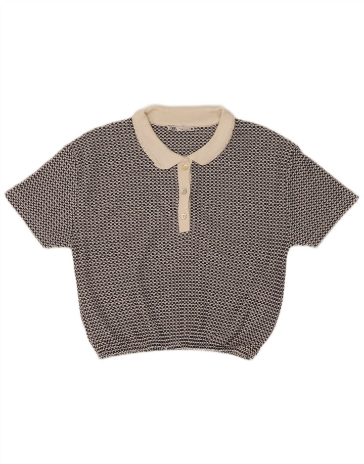 Polo corta da donna Zara UK 10 piccola blu geometrica in poliestere