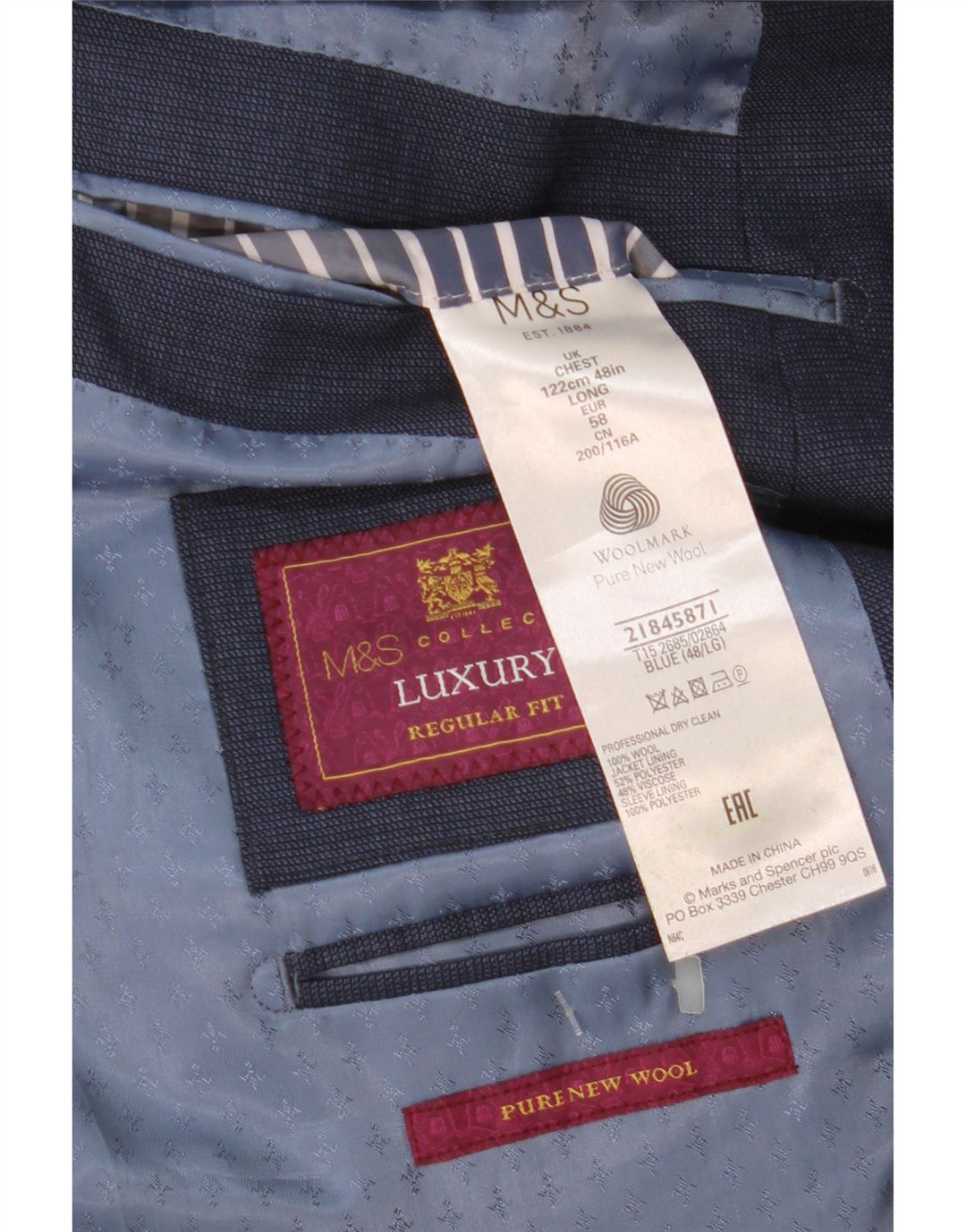 Giacca blazer da uomo a vestibilità regolare a 2 bottoni Marks & Spencer UK 48 2XL Blu navy
