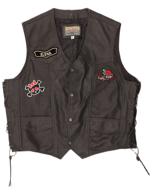 Gilet in pelle con grafica Motorstyle da donna vintage UK 24 4XL Nero