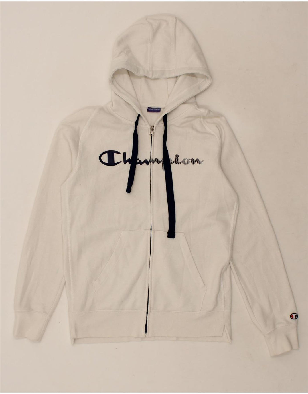 CHAMPION Mens Graphic Zip Hoodie Sweater Small White Cotton Vintage Champion and Second-Hand Champion from Messina Hembry 