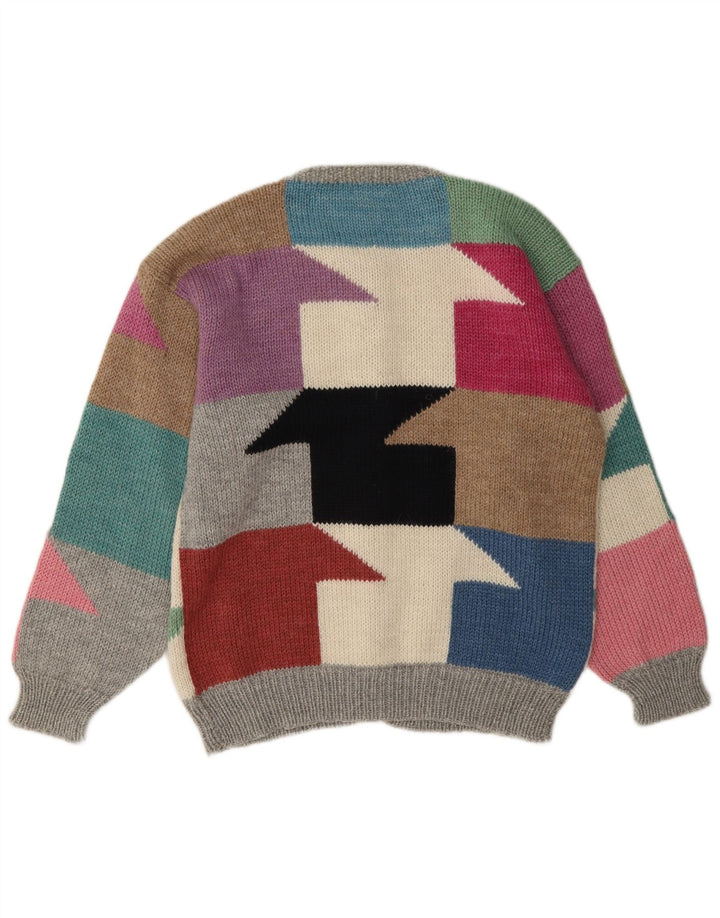 Maglione cardigan da donna vintage UK 16 grande blocco di colori multicolore