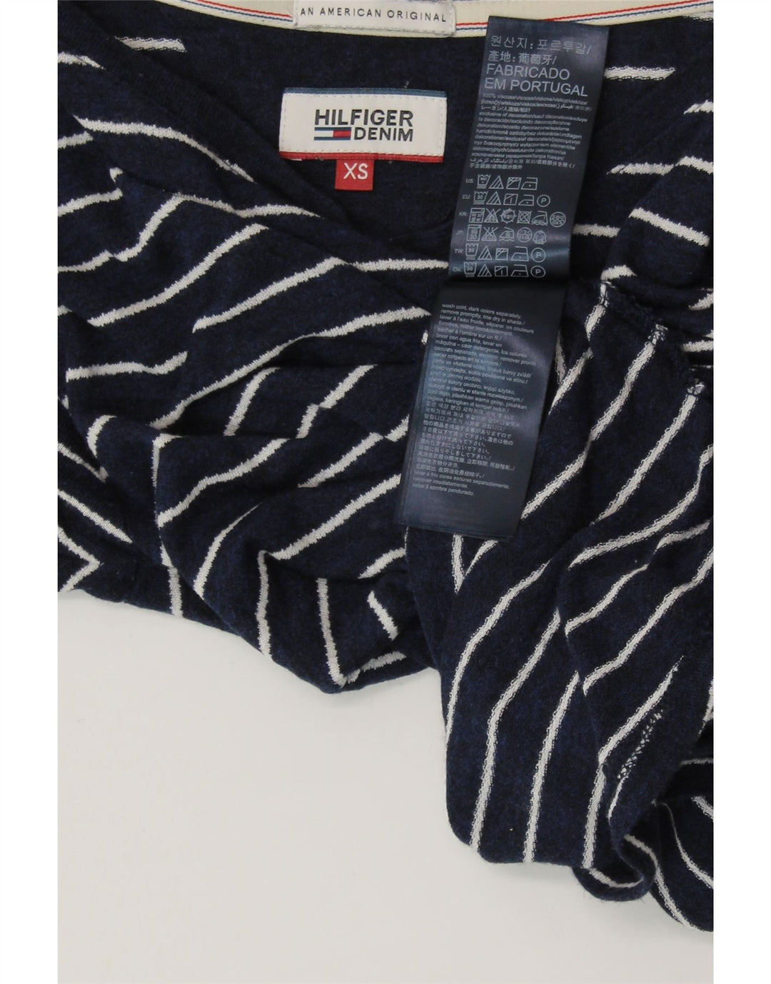 TOMMY HILFIGER T-shirt da donna Top UK 6 XS viscosa a righe blu navy