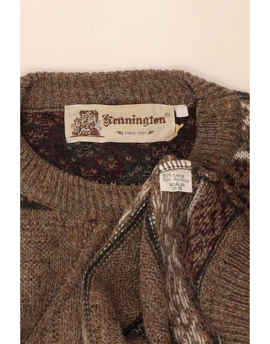 Kennington Uomo Maglione Girocollo Maglione Grande Lana Fair Isle Marrone