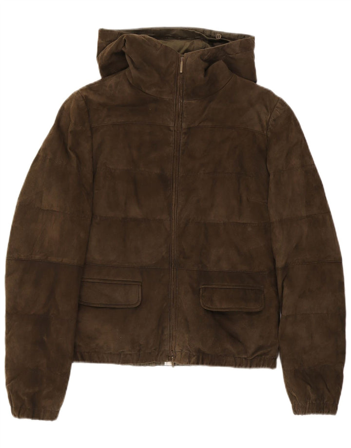 Giacca imbottita in pelle scamosciata con cappuccio da donna Max Mara UK 10 piccolo motociclista in pelle kaki