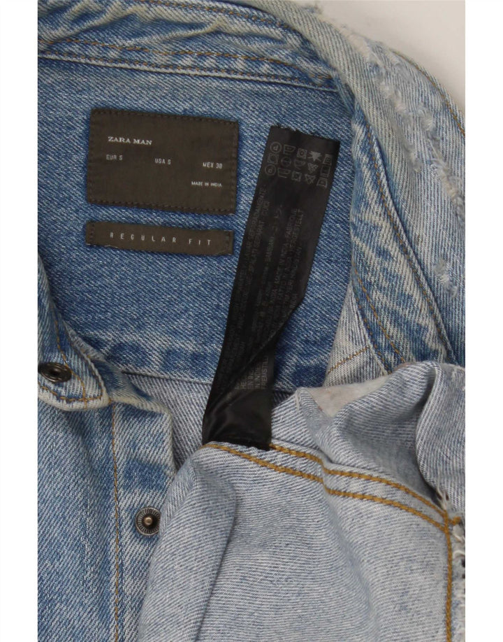 Camicia Zara da uomo in denim vestibilità regolare invecchiata piccola in cotone blu