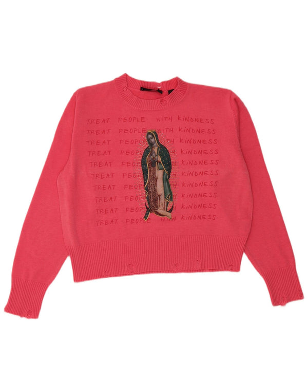 DESIGUAL Womens Crop Graphic Crew Neck Jumper Sweater UK 14 Medium Pink