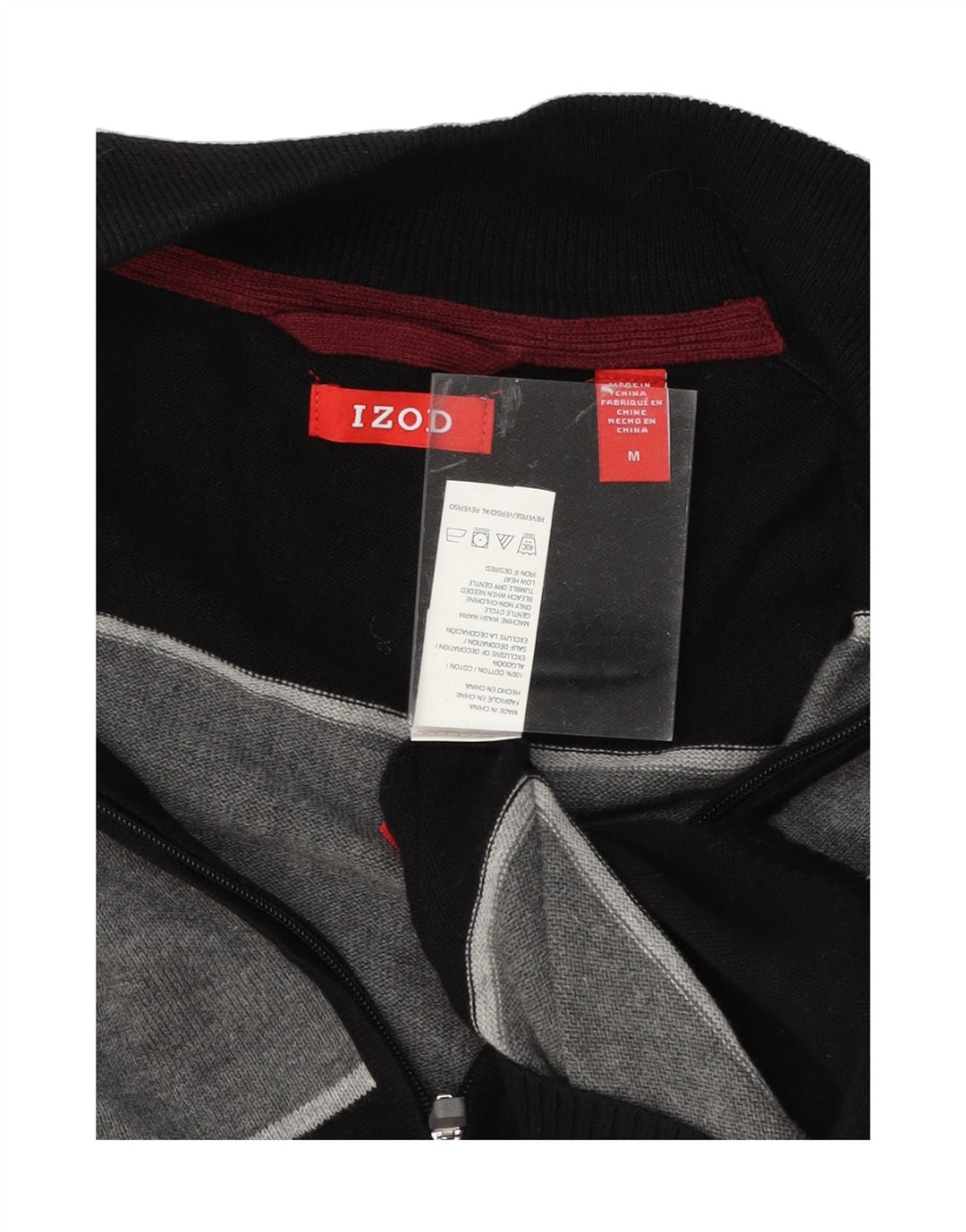 IZOD Mens Zip Neck Jumper Sweater Medium Black Striped Cotton Vintage Izod and Second-Hand Izod from Messina Hembry 