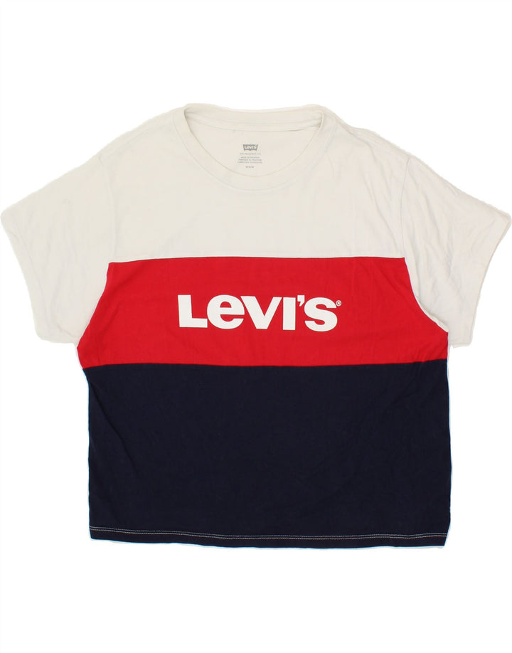 LEVI'S Womens Graphic T-Shirt Top UK 14 Medium White Colourblock Cotton Vintage Levi's and Second-Hand Levi's from Messina Hembry 
