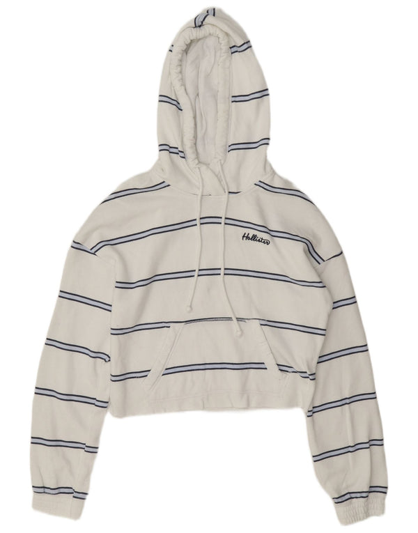 Felpa con cappuccio oversize corta Hollister da donna UK 6 XS cotone a righe bianche