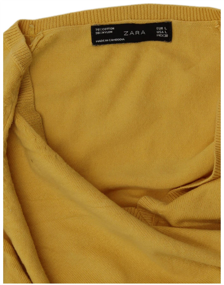 Maglione ZARA da donna con scollo a V UK 14 grande cotone giallo