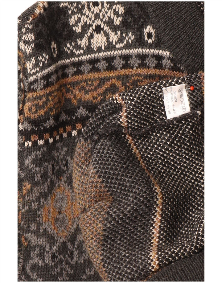 Maglione cardigan vintage da uomo grande lana Fair Isle grigia