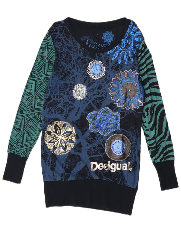 Desigual Womens Graphic Jumper Dress UK 12 Medio Blu Navy Floreale