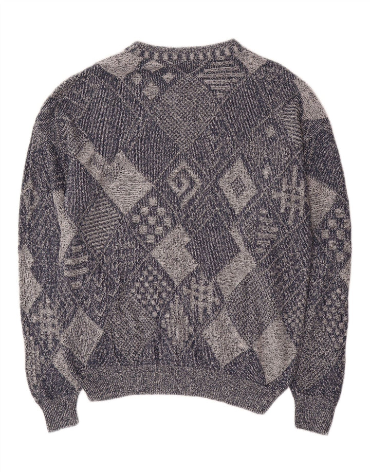 Maglione vintage da uomo con scollo a barca IT 48 Cotone geometrico blu medio