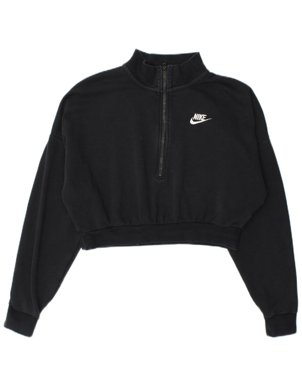 Felpa Nike da donna, corta, con collo e zip, maglione, UK 10, piccola, cotone nero
