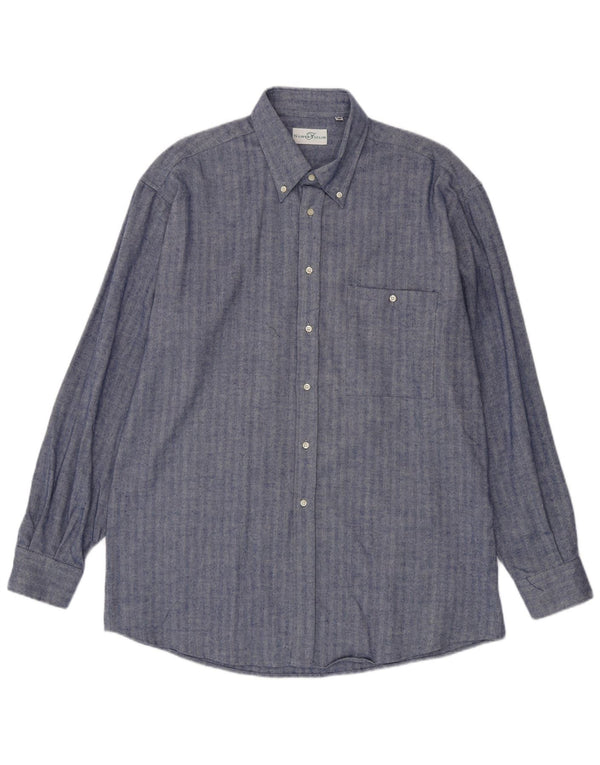 Camicia da uomo vintage taglia 45 18 2XL cotone a spina di pesce blu navy