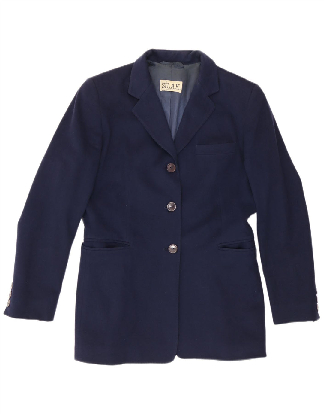 Giacca blazer vintage da donna lunga a 3 bottoni UK 14 medio blu navy