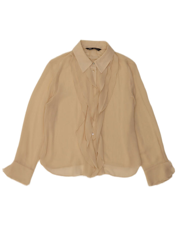 ZARA Camicetta da Donna con Volant sul Davanti UK 14 Large Beige Poliestere